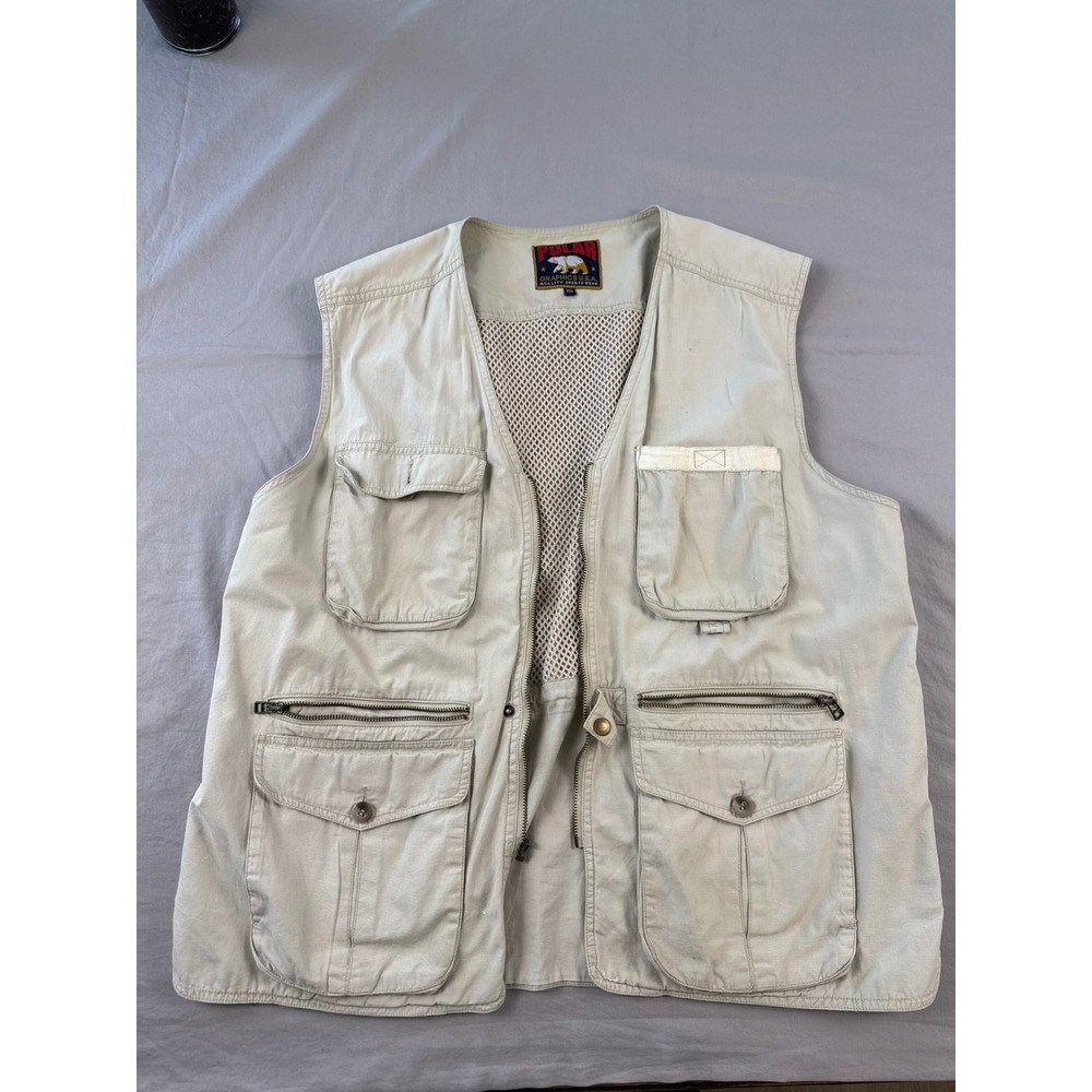 Polar Graphics Vintage USA Mens Utility Fishing Vest Multi Pocket Tan XL